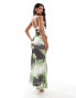 ASOS DESIGN mesh cupped detail fishtail maxi dress in green and black print