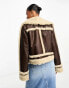 Miss Selfridge faux leather borg lined zip front trucker jacket in brown