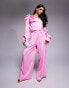 ASOS LUXE satin off shoulder wide leg jumpsuit with bow in pink