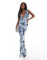 ASOS DESIGN shimmer plunge cowl neck maxi dress with tie detail in blue floral print