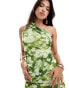 ASOS DESIGN mesh twist one shoulder midi dress with hitched skirt detail in green floral