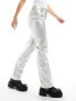 Only metallic straight leg trousers in silver