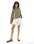 ASOS DESIGN long sleeve stripe contrast neck trim top in khaki