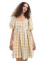 Glamorous square neck mini smock dress in beige check