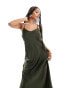 New Look cross back satin slip dress in dark khaki