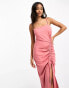 In The Style exclusive ruched split front midi dress in rose pink