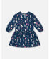 Big Girls Printed Long Sleeve Dress Navy Blue With Kitten