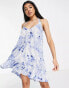 Influence tie shoulder beach dress in blue and white print