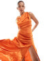 ASOS DESIGN satin high neck drape maxi dress with puddle hem in burnt orange