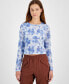 Juniors' Floral-Print Cropped Lace Long Sleeve