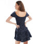 Bershka milkmaid puff sleeve mini dress in navy & white floral