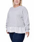 Plus Size Long Sleeve Two-Fer Top with Gathered Inset