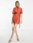 ASOS DESIGN high neck linen drape mini dress with belt detail in rust