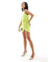 ASOS DESIGN Petite satin ruched side mini dress with asymmetric straps in chartreuse