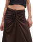 Topshop textured slinky ruched front jersey midi skirt in chocolate