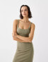 Bershka square neck bodycon midaxi dress in khaki