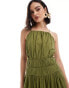 & Other Stories plisse midaxi dress with shirred detail in khaki green