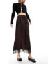 River Island satin midi skirt with lace trim in brown