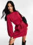 New Look tie waist long sleeve mini dress in berry