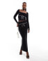 Kaiia square neck contrast bow detail long sleeve top co-ord in black