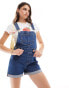 Miss Selfridge dungaree denim shorts in mid blue wash