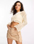 River Island Petite long sleeve button down crochet top in cream