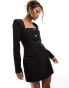 Kaiia tailored square neck long sleeve button down dress in black