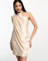 ASOS DESIGN one shoulder super draped asymmetric neck cowl back mini dress in stone