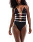 Kaiia plunge cut out rose detail swimsuit in monochrome