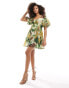 ASOS DESIGN square neck lace insert mini dress with puff sleeves in green floral print