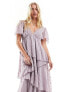 ASOS DESIGN dobby asymmetric ruffle midi dress with tie back neck in mauve