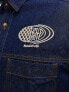 ASOS DESIGN denim overshirt with racing embroideries in indigo blue