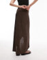 Topshop textured slinky ruched front jersey midi skirt in chocolate