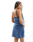 ASOS DESIGN denim cami dress with rib trim detail in mid wash blue