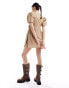 Wednesday's Girl grid check mini wrap smock dress in taupe