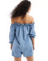 ASOS DESIGN soft denim off the shoulder playsuit with frill detail in midwash blue