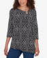 Petite Ring Neck Medallion Puff Printed Knit Top with Asymmetric Hem