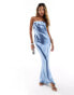 In The Style exclusive liquid satin bandeau cut out back maxi dress in turquoise