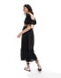 The Frolic fin linen shirred front puff sleeve midi beach dress in black