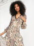 ASOS DESIGN dobby button through long sleeve lace trim midi tea dress in animal print