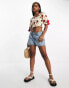 Neon Rose cherry print bow detail shirred crop top in cream