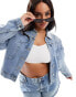 In The Style Plus silver foil detail crop denim jacket in light blue