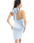 In The Style satin cross front halterneck bow detail mini dress in blue