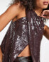 ASOS DESIGN embellished wrap neck festival blouse with pleat shoulder in chocolate sequin