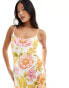 Forever New Petite satin slip midaxi dress in yellow and pink floral