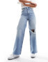 ASOS DESIGN wide leg dad jeans with rips in mid blue