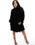 ASOS DESIGN Curve premium velvet mini smock dress with pockets and pie crust neck in black