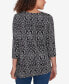 Petite Ring Neck Medallion Puff Printed Knit Top with Asymmetric Hem