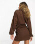 ASOS DESIGN textured long sleeve v neck wrap mini dress in chocolate