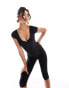 Kaiia slinky scoop neck rose detail cap sleeve capri unitard in black